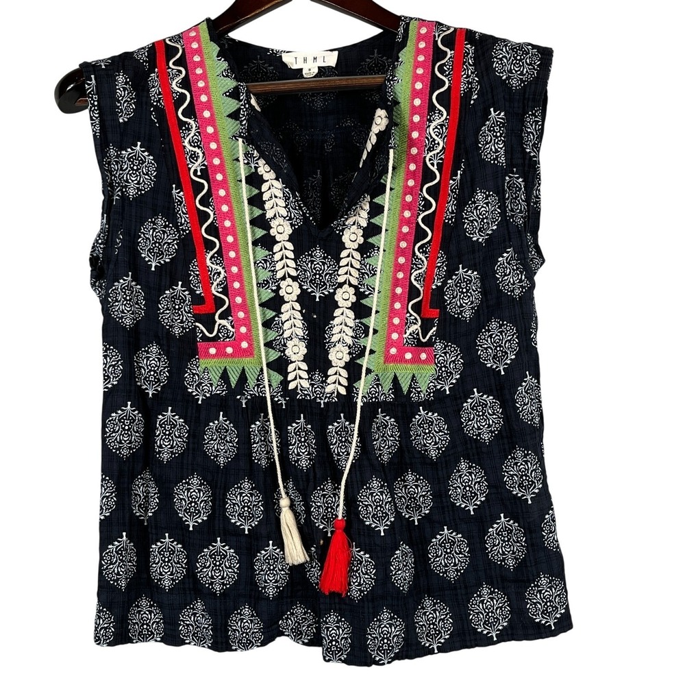 THML Womens S Embroidered Tassel Tie Top Navy Boho Sleeveless Cotton Blouse